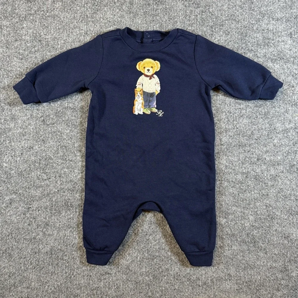 Ralph Lauren Baby Polo Bear Blue Fleece Coverall One Piece 3 Months